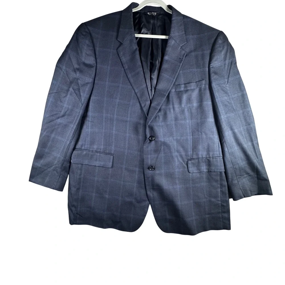 Jos A Bank Sport Coat Mens 50L Navy Blue Silk Wool Houndstooth Blazer